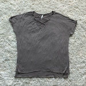 Taupe criss cross t-shirt with high low hem
